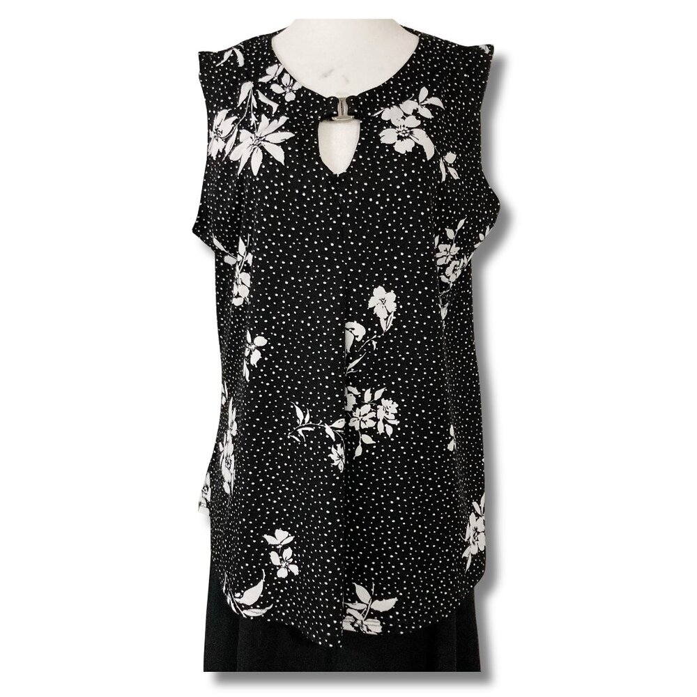 CLIENTELE Black white floral polka dot sleeveless shirt ~ MEDIUM LARGE tank top